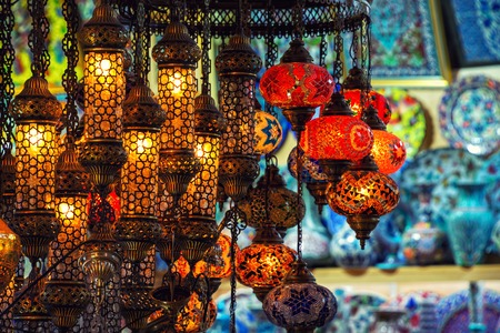 ISTANBUL, TURKEY - MAY 29, 2015: Typical lanterns at Grand Bazaar. It is one of the largest and oldest covered markets in the world, with 61 covered streets and over 3,000 shopsのeditorial素材