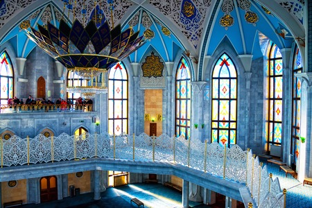 KAZAN, RUSSIA - MAY 8, 2015: Interiors of famous Qol Sharif Mosque - historical building recently renovated, located in Kremlin. Popular touristic destination, tourists at the backgroundのeditorial素材