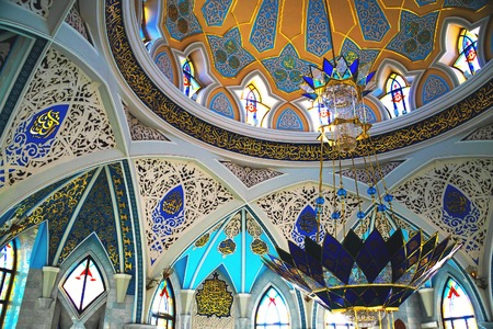 KAZAN, RUSSIA - MAY 8, 2015: Interiors of famous Qol Sharif Mosque - historical building recently renovated, located in Kremlin. Popular touristic destination, tourists at the backgroundのeditorial素材