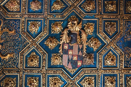 SARAGOSSA, SPAIN - JULY 24, 2011: Beautiful ceilings at the Aljaferia Palace - 11th century Arab castle is famous for its well preserved historic architectureのeditorial素材
