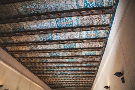 SARAGOSSA, SPAIN - JULY 24, 2011: Beautiful ceilings at the Aljaferia Palace - 11th century Arab castle is famous for its well preserved historic architectureのeditorial素材