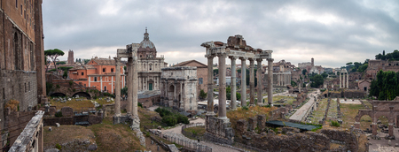 Aerial view of Roman forum in Rome, Italy in the morning. Popular landmark. Cloudy sky. Panoramic viewの写真素材