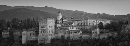 Aerial view of Alhambra Palace in Granada, Andalusia at sunset. Moorish fortress - famous landmark and major touristic attraction in Spain. Black and whiteのeditorial素材