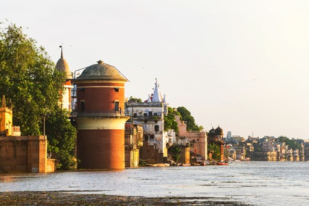 Morning view of Ganges river in Varanasi, India. Ghats with boats and people. Popular landmark in the cityの写真素材