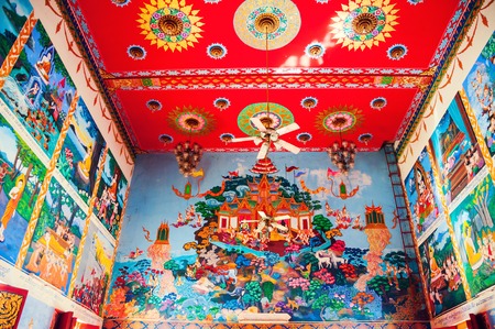 KOH SAMUI, THAILAND - APRIL 26, 2014: Beautiful ceiling of one of the Buddhist temples at Wat Plai Laem in resort island. The design incorporates elements of Chinese and Thai traditionsのeditorial素材