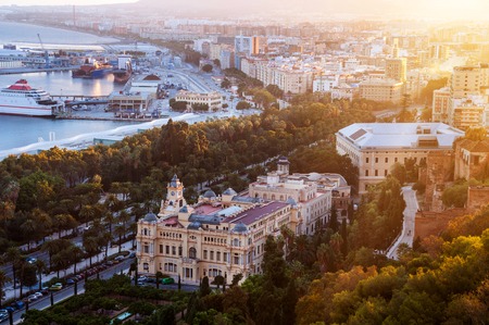 Malaga, Spain. Aerial view of City Hall and gardens in Malaga, Andalusia, Spain at sunsetの写真素材