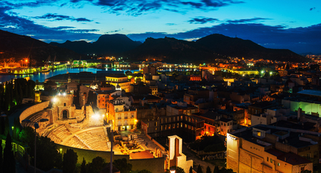 Cartagena, Spain. Aerial view of port city at nightの写真素材