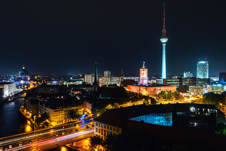 Aerial view of illuminated landmarks in Berlin, Germany at night