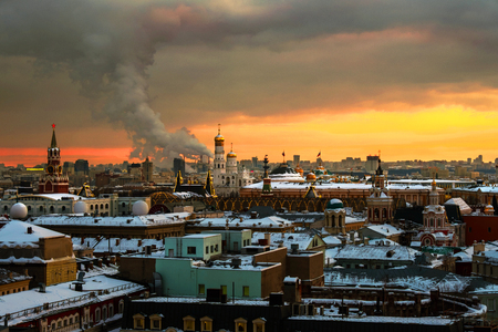 Aerial view of popular landmarks in Moscow, Russia at sunsetの写真素材