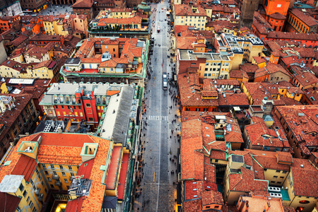 Aerial view of Bologna, Italy in the evening