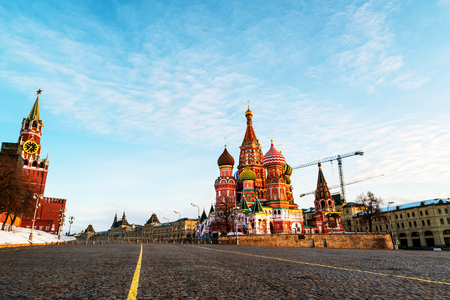 Moscow, Russia. Saint Basil Cathedral on Red Square taken from empty Vasilyevskiy Spusk. One of the most popular landmark in Moscow, Russia in the morningの写真素材
