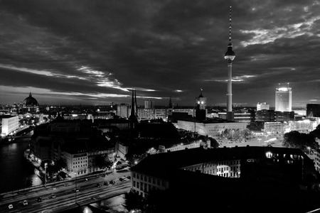 Berlin, Germany. Illuminated landmarks in Berlin, Germany in the morning. Colorful cloudy sky at sunrise. Black and whiteの写真素材