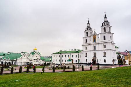 The Holy Spirit Cathedral in Minsk, Belarus during a rainy and cloudy dayの写真素材
