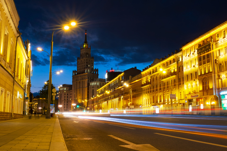 Sunset over famous landmarks - Red Gates Administrative Building - Stalin skyscraper of Seven Sisters in Moscowの写真素材