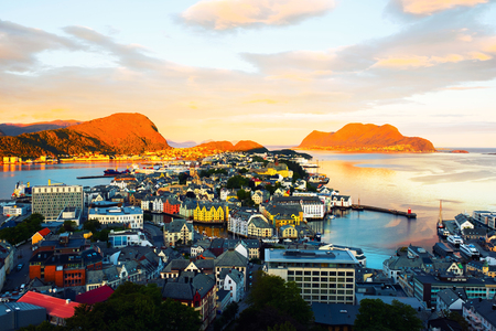 Aerial view of Alesund, Norway in the morning. Colorful cloudy skyの写真素材