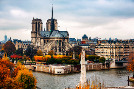 Aerial view of Notre Dam Cathedral with Seine river in autumn in Paris, Franceの写真素材