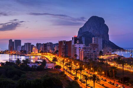 Calpe, Spain. Sunrise over summer mediterranean resort Calpe in Costa Blanca, Spain. Aerial view of...