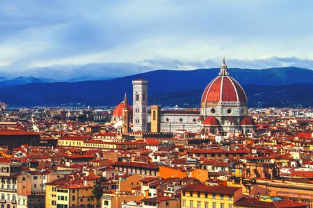Florence, Italy. Aerial view of Cathedral Santa Maria del Fiore, Florence, Italy. Cloudy skyの写真素材