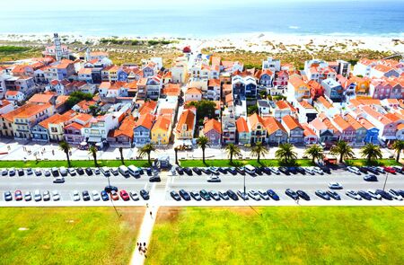 Aerial view of the famous Costa Nova colorful houses in Aveiro, Portugalの写真素材