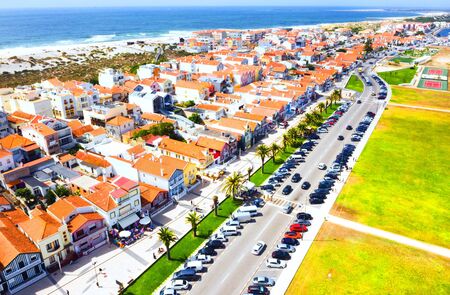 Aerial view of the famous Costa Nova colorful houses in Aveiro, Portugalの写真素材
