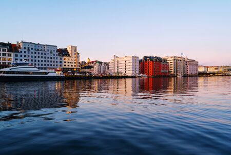View of harbour modern buildings in Bergen, Norway during the sunrise