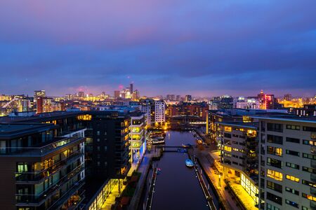 Aerial view of Leeds docks, England, UK during the sunset. Heavy cloudsの写真素材