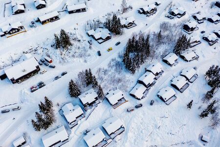 Aerial view of ski resort Hafjell in Norway with houses in winterの写真素材