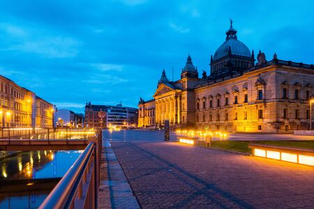 The Federal Administrative Court during the cloudy night in Leipzig, Germanyの写真素材