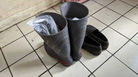 A pair of boots and flat shoes are on the dirty floor. Shoot from behindの写真素材