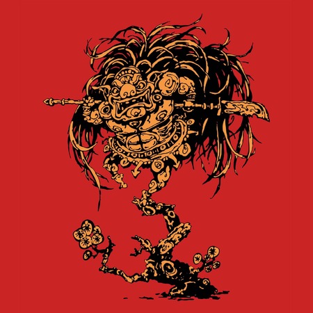 A CHINESE DEMON, GRIPPING HALBERDS, RUSHES INTO BATTLE, LEAPING FROM TREE TO TREEのイラスト素材