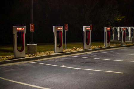 Augusta, Ga USA 11 23 20: Tesla Car charging stations at night