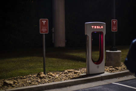 Augusta, Ga USA 11 23 20: Tesla Car charging station and signs at night