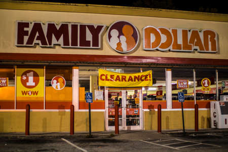 Augusta, Ga USA 11 23 20: Family Dollar store at night entrance and banner