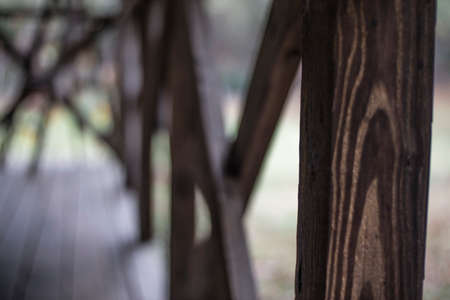 Blurred porch wooden deck fence in the country
