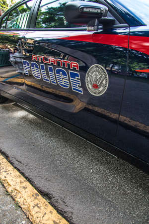 Atlanta, Ga USA 06 07 20: Downtown Atlanta Georgia Atlanta Police car close up side door