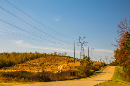 A road in the country with Fall colors and blue skies  colorful scene and power poles and linesの写真素材