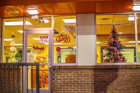 Columbia County, Ga USA - 12 22 20: Bojangles fast food restaurant at night Christmas decorations interiorのeditorial素材