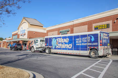 Columbia County, Ga USA - 01 30 21: Kroger retail grocery supermarket Blue Rhino truck parked at...