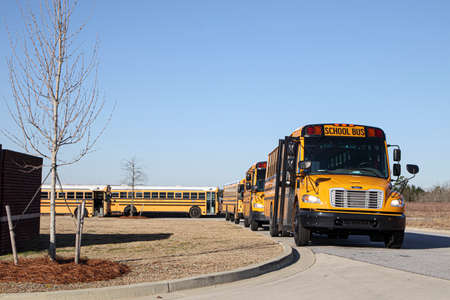 Augusta, Ga USA - 03 05 21: Row of parked New and old yellow school buses parked in a row around a cornerのeditorial素材