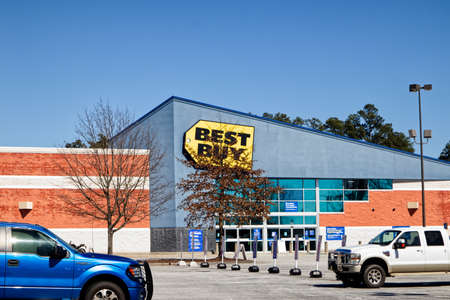 Augusta, Ga USA - 03 04 21: Best Buy retail store parking lot and building clear blue sky - Walton...