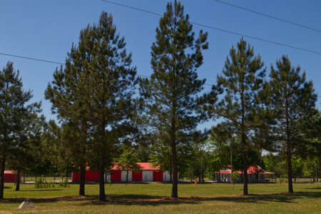 Burke County, Ga USA - 05 01 21: Beautiful nature background and red farm style buildingsのeditorial素材