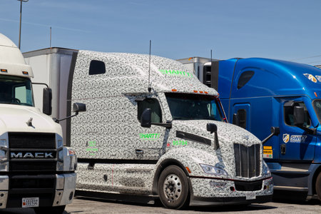Richmond County, Ga USA - 05 01 21: Close  row of parked semi trucks at a truck stop in rural...