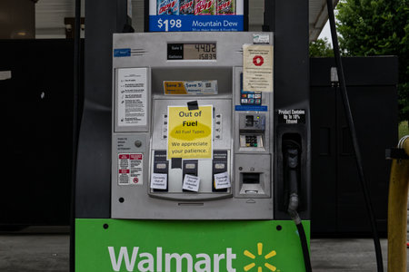 Columbia County, Ga USA 05 12 21: Close up Walmart Gas station Out Of Fuel sign Colonial Pipeline hack gas outages and shortages in Georgia - Belair Roadのeditorial素材