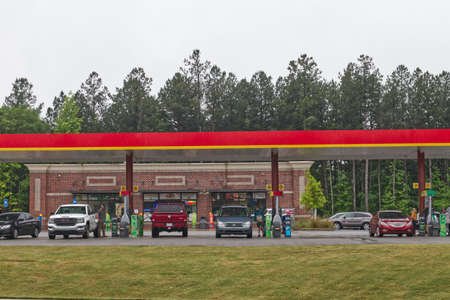 Columbia County, Ga USA 05 12 21: Gas Pro Gas station people at the pumps Colonial Pipeline hack gas outages and shortages in Georgia - Columbia Roadのeditorial素材