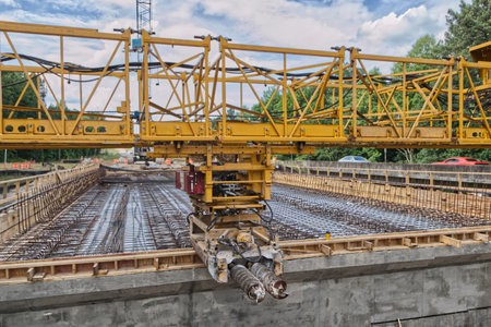 Augusta, Ga USA - 06 04 21: Highway bridge construction Terex concrete paver angled viewのeditorial素材
