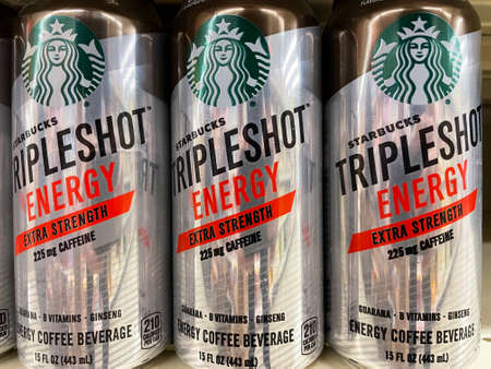Evans, Ga USA - 12 20 21: Cold coffee energy drinks on a retail grocery store shelf