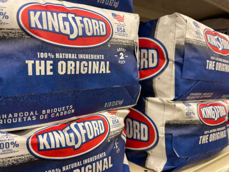 Grovetown, Ga USA - 05 01 22: Retail store BBQ charcoal bags side view Kingsford