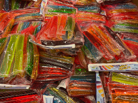Grovetown, Ga USA - 05 24 22: Retail store bags of freeze pops in a display binのeditorial素材