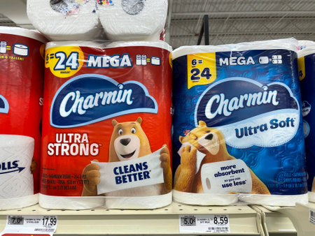Grovetown, Ga USA - 05 27 22: Retail store toilet paper section Charmin and prices