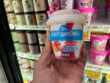 Grovetown, Ga USA - 05 28 22: Retail store Ice Cream hand holding Blue Bunny cup